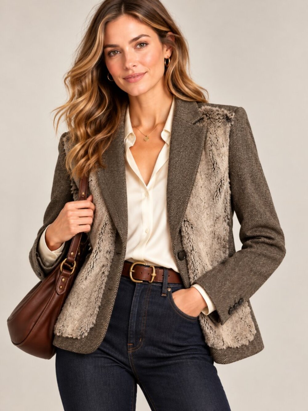 Rachel Roy Signature Wool Cashmere Herringbone Faux Fur Blazer 14 Luxury EUC